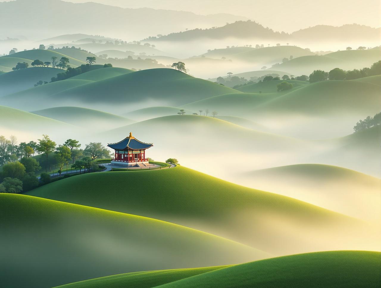 晨雾山居图